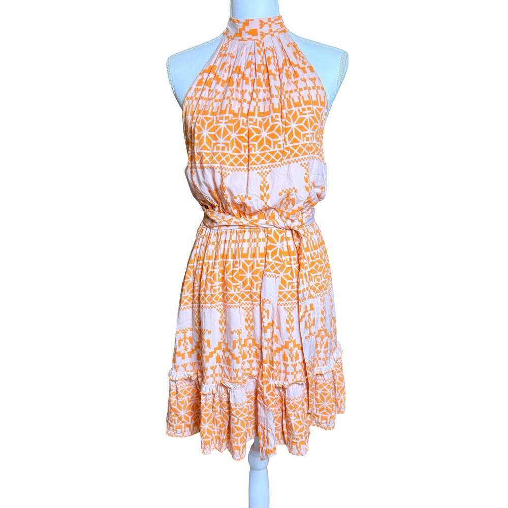 BTFBM Women's Size M Orange and White Geometric Print Halter Mini Dress